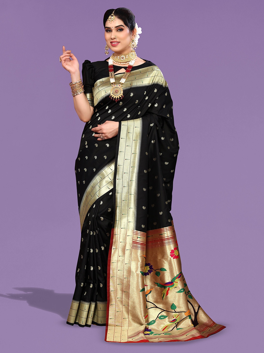 

Ekta Textiles Ethnic Motifs Woven Design Zari Pure Silk Banarasi Saree, Black