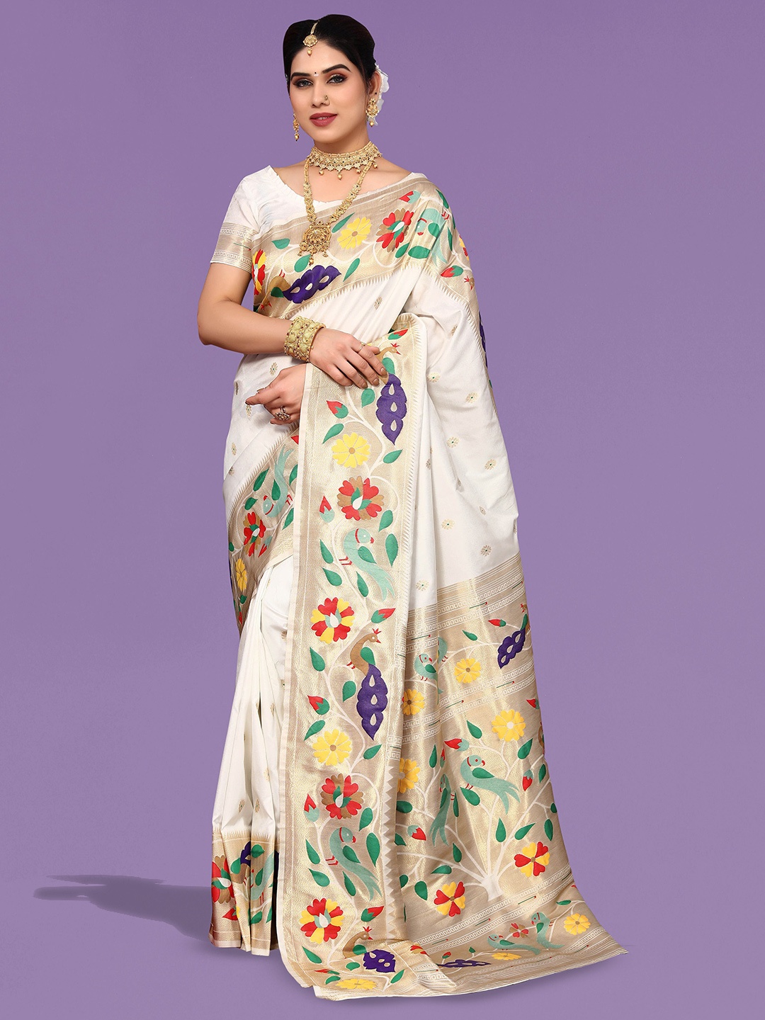 

Ekta Textiles Ethnic Motifs Woven Design Zari Pure Silk Banarasi Saree, White