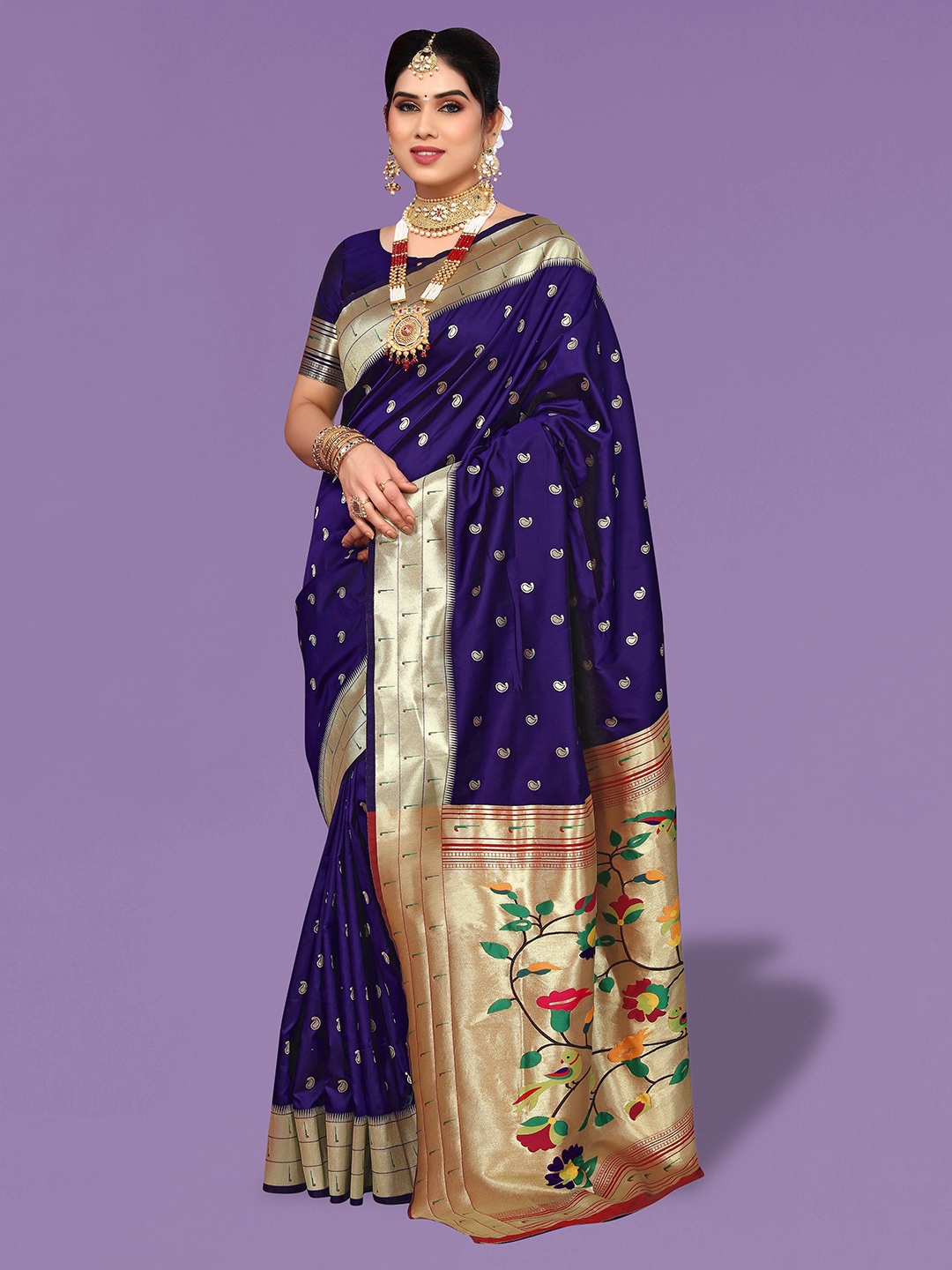 

Ekta Textiles Ethnic Motifs Woven Design Zari Pure Silk Banarasi Saree, Navy blue