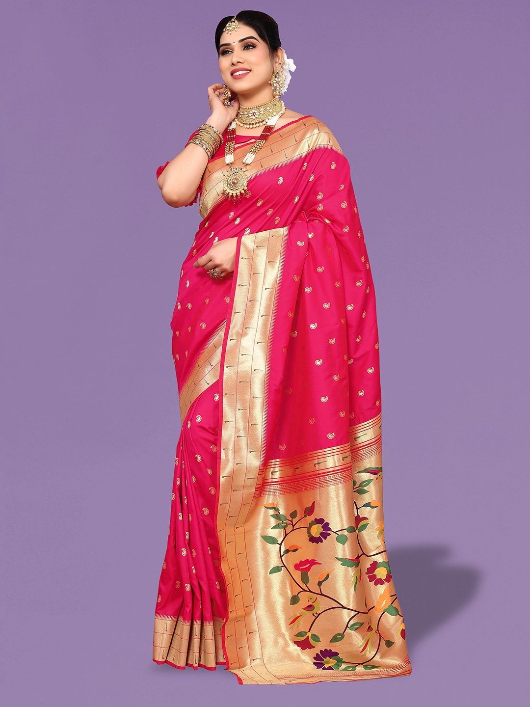 

Ekta Textiles Ethnic Motifs Woven Design Zari Pure Silk Banarasi Saree, Pink