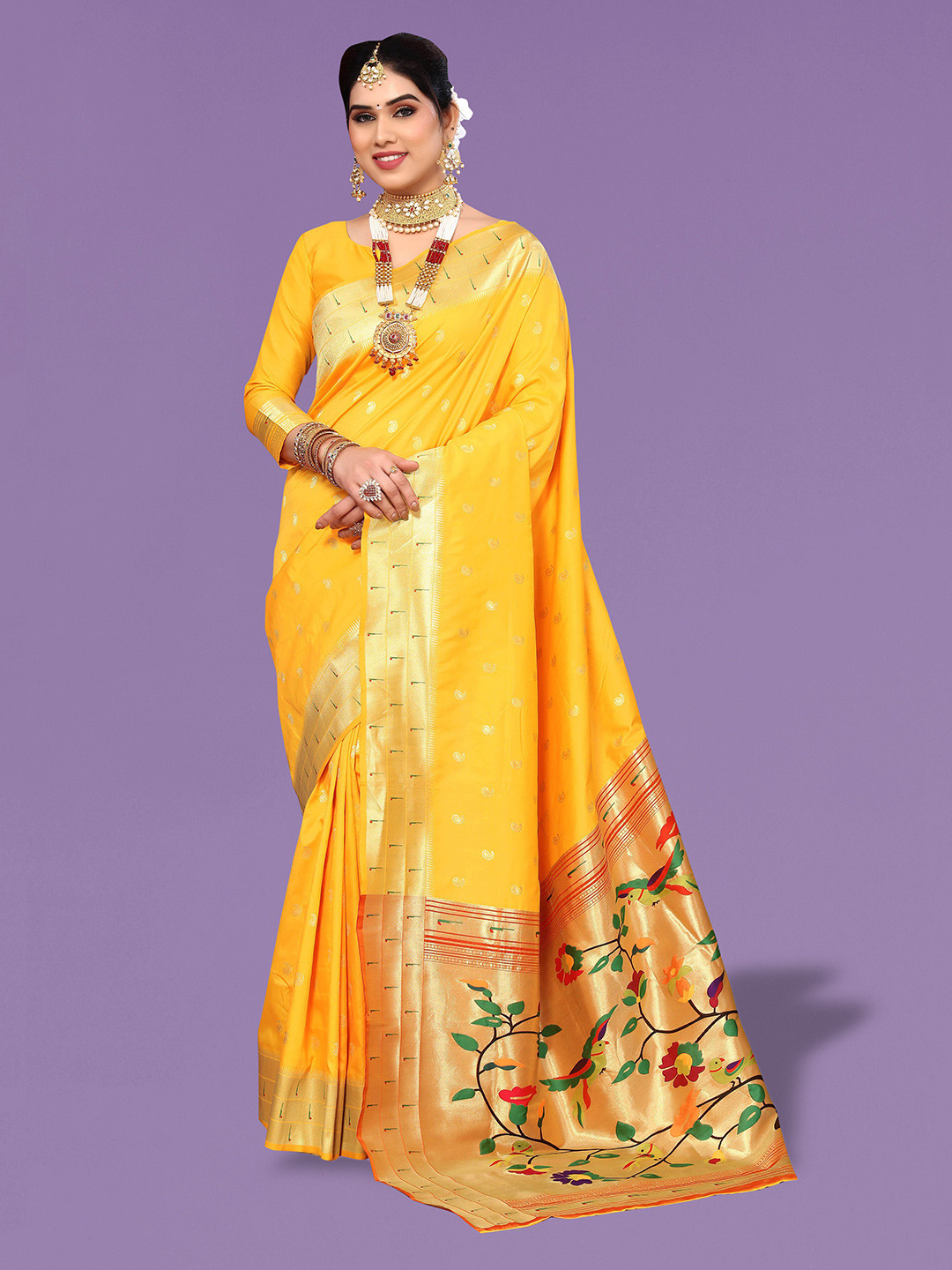 

Ekta Textiles Ethnic Motifs Woven Design Zari Pure Silk Banarasi Saree, Yellow