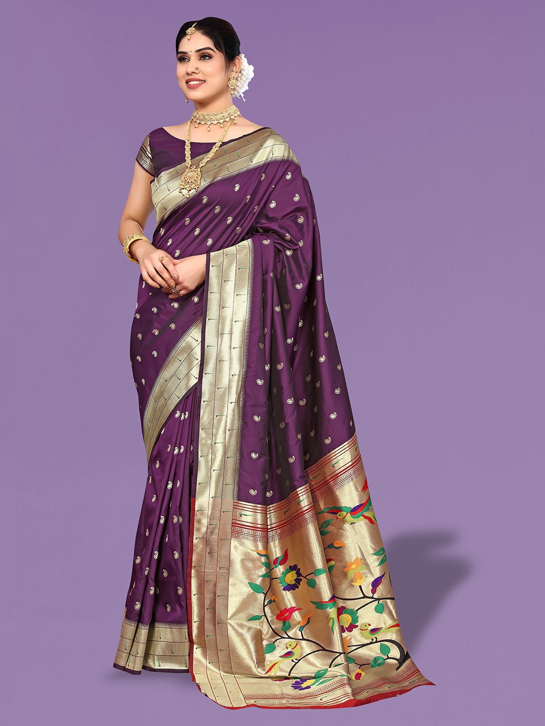 

Ekta Textiles Ethnic Motifs Woven Design Zari Pure Silk Banarasi Saree, Violet