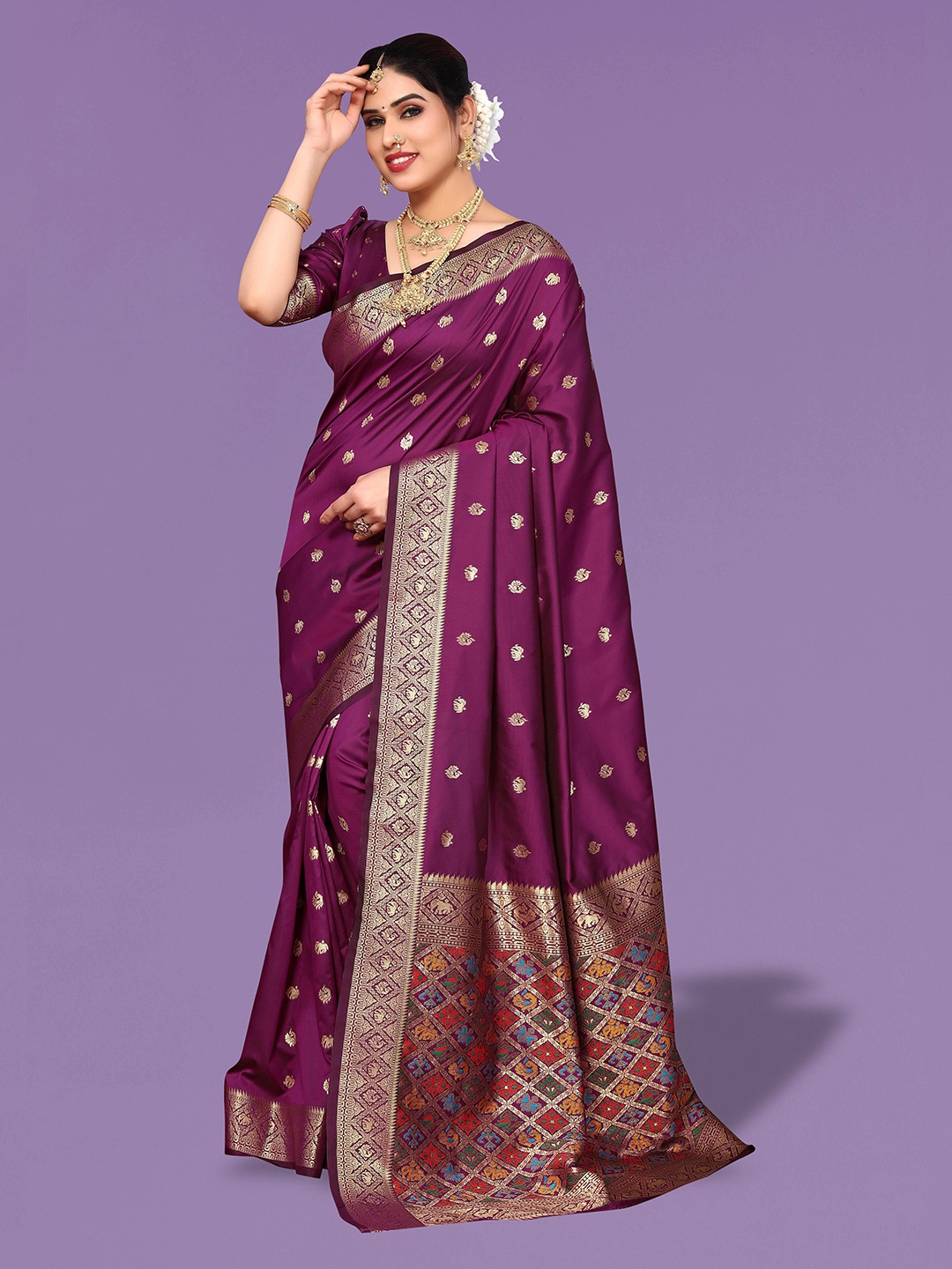 

Ekta Textiles Ethnic Motifs Woven Design Zari Pure Silk Banarasi Saree, Purple