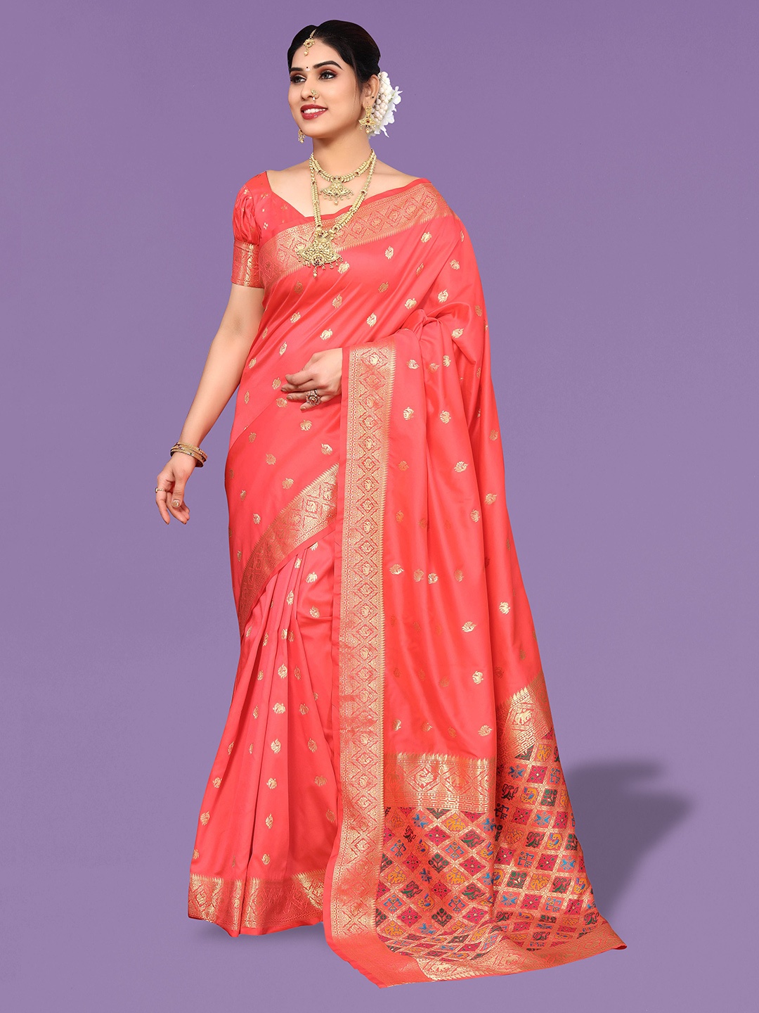 

Ekta Textiles Ethnic Motifs Woven Design Zari Pure Silk Banarasi Saree, Peach