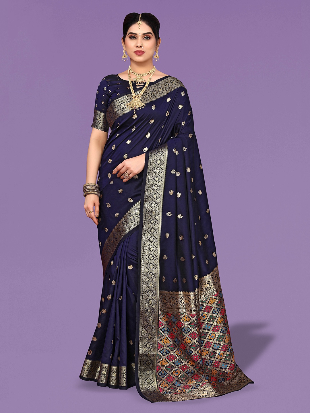 

Ekta Textiles Ethnic Motifs Woven Design Zari Pure Silk Banarasi Saree, Navy blue