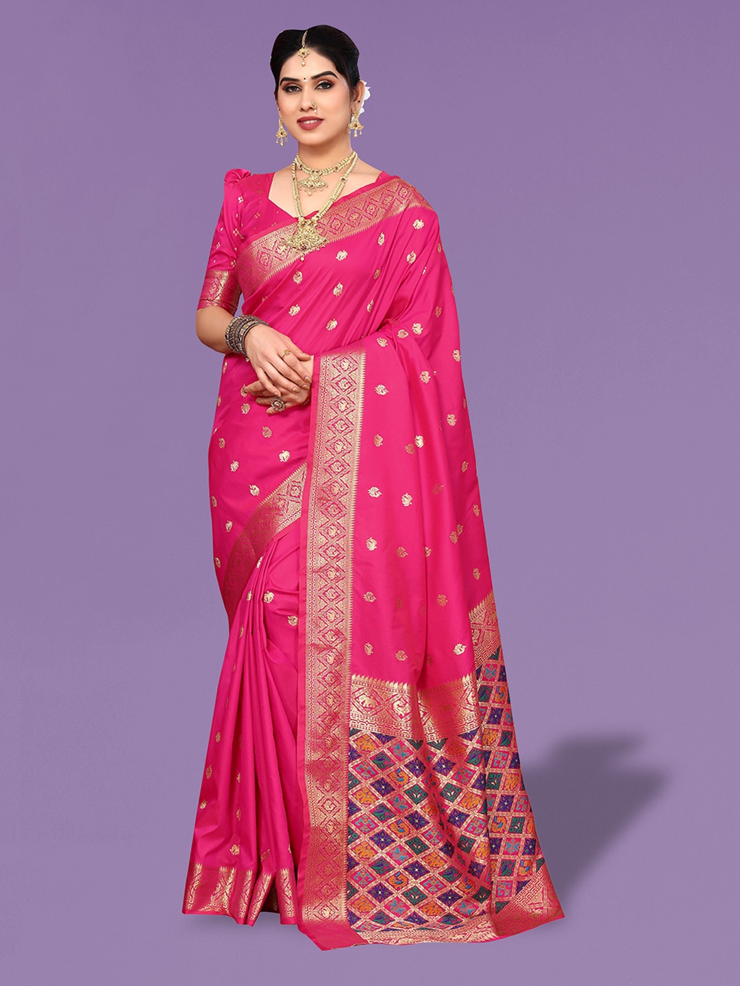 

Ekta Textiles Ethnic Motifs Woven Design Zari Pure Silk Banarasi Saree, Pink