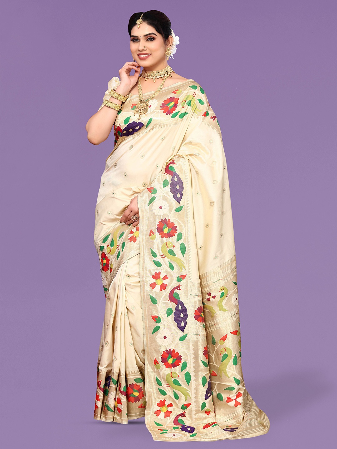 

Ekta Textiles Geometric Woven Design Zari Pure Silk Banarasi Saree, Cream