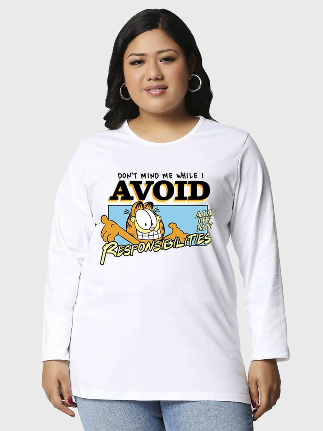 

Bewakoof Official Garfield Merchandise Plus Size Graphic Printed T-shirt, White