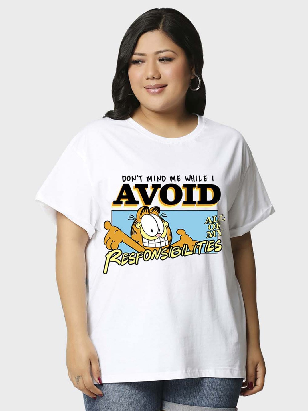 

Bewakoof Plus Size Typography Printed Round Neck Drop-Shoulder Cotton Oversized T-shirt, White