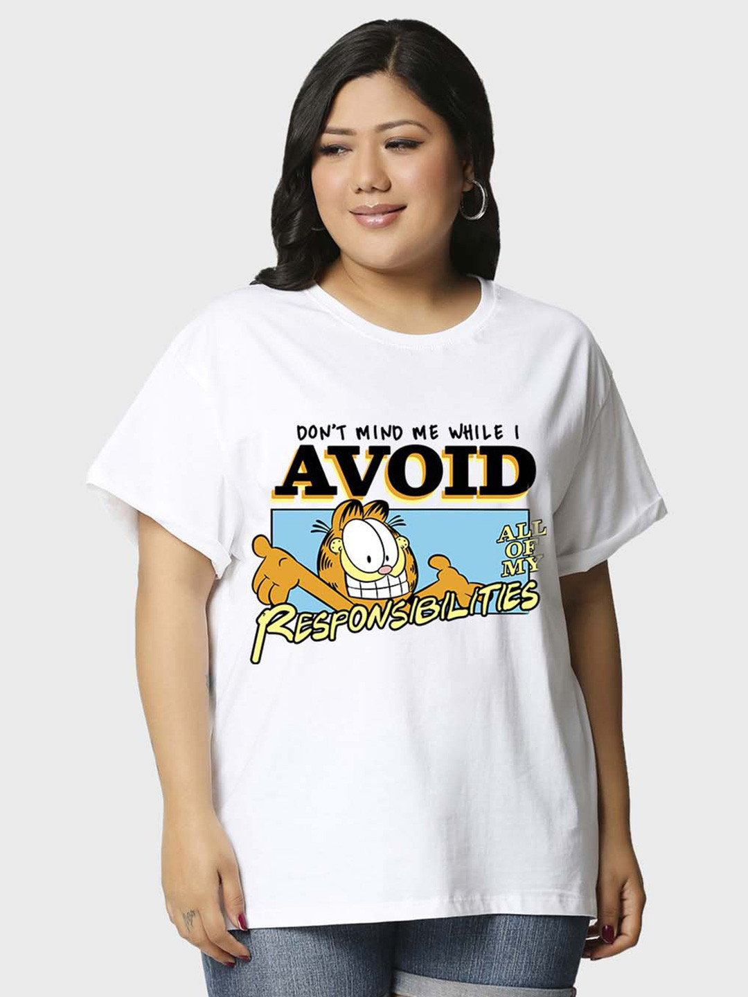 

Bewakoof Plus Size Typography Printed Round Neck Drop-Shoulder Cotton Oversized T-shirt, White
