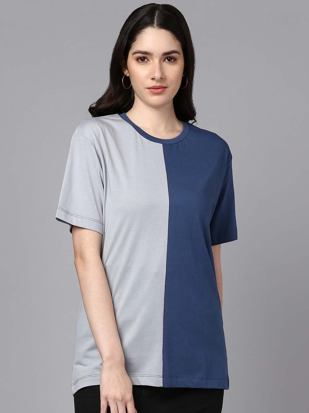 

Roadster Blue Colourblocked Round Neck Drop-Shoulder Cotton Oversized T-shirt, Navy blue