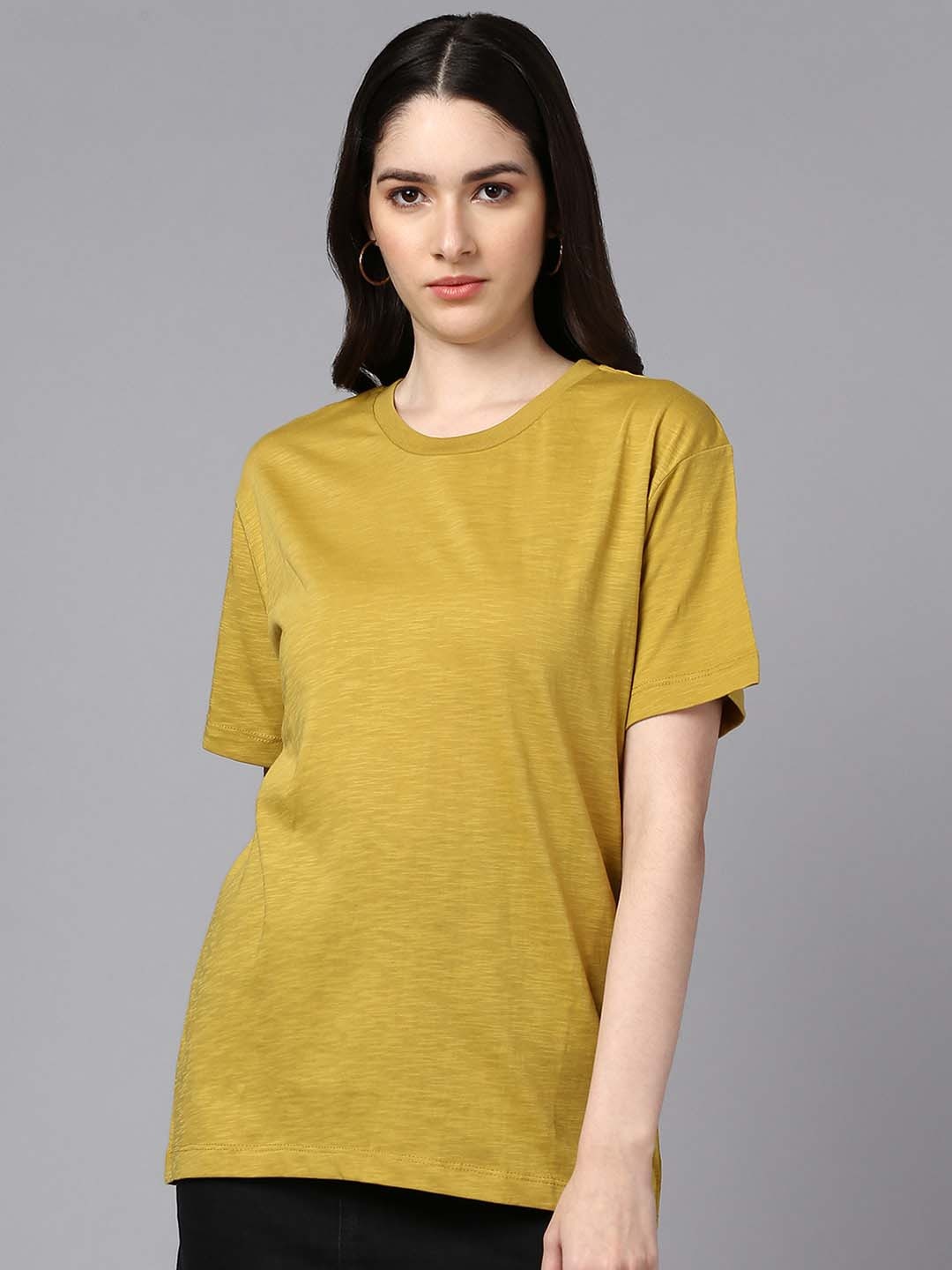 

Roadster Mustard Yellow Round Neck Drop-Shoulder Cotton Relaxed T-shirt