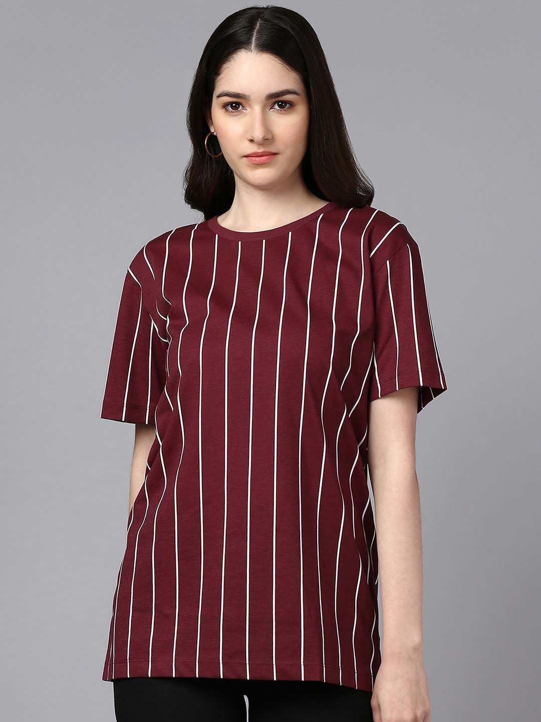 

Roadster Maroon Striped Round Neck Drop-Shoulder Cotton Oversized T-shirt