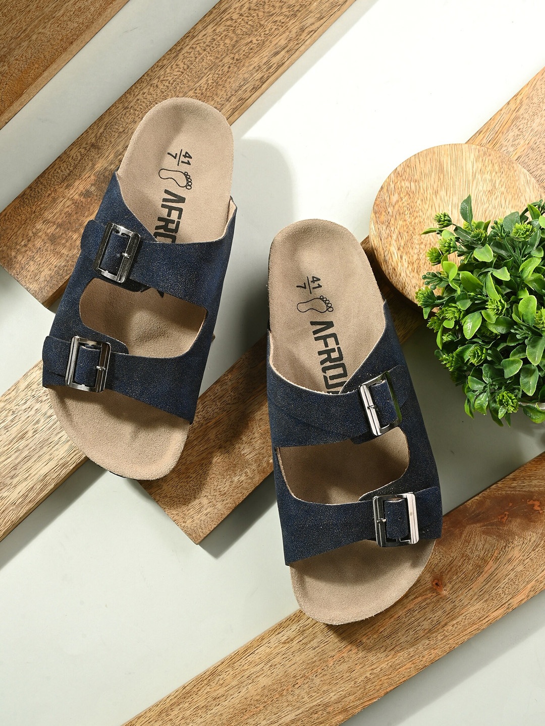 

AfroJack Men Two Strap Leather Comfort Sandals With Buckles, Navy blue