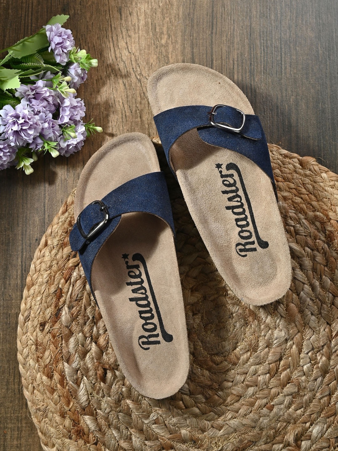 

The Roadster Lifestyle Co. Navy Blue Leather Open Toe Flats With Buckles