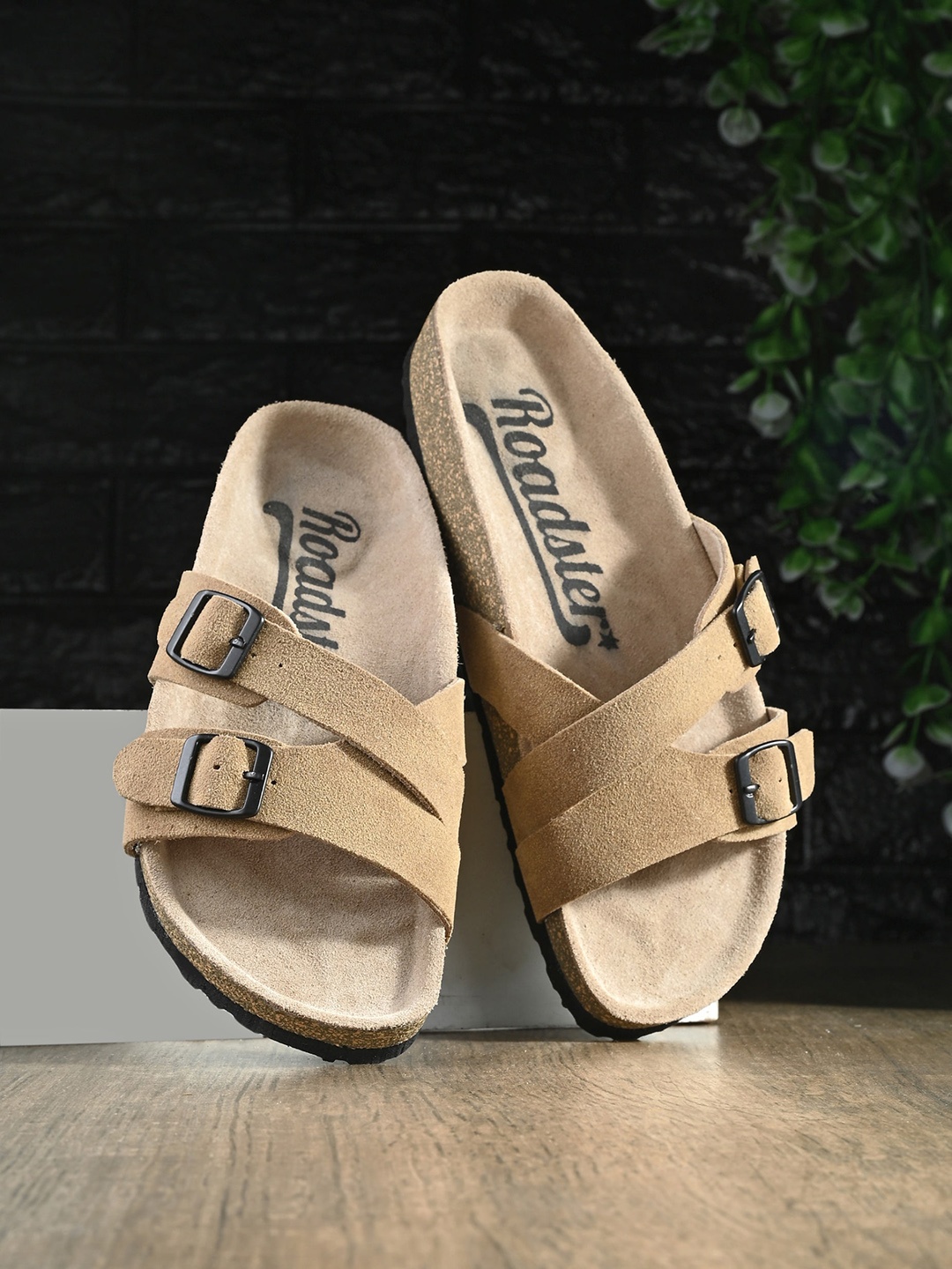 

The Roadster Lifestyle Co. Beige Buckled Leather Open Toe Flats