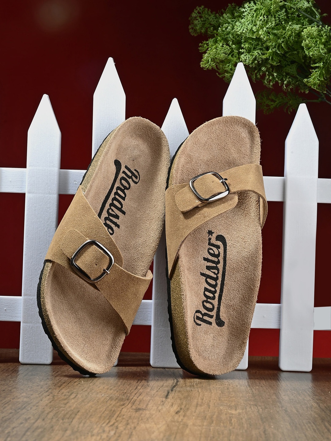 

The Roadster Lifestyle Co. Camel Brown Leather Open Toe Flats With Buckles, Beige