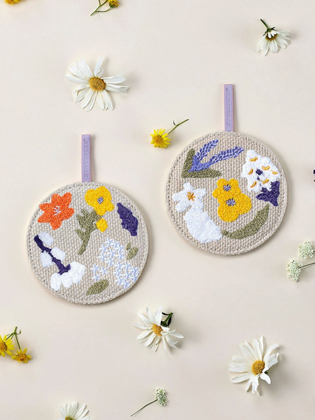

Starbucks Cream 2 Pieces Wild Flower Embroidery Textured Fabric Coasters