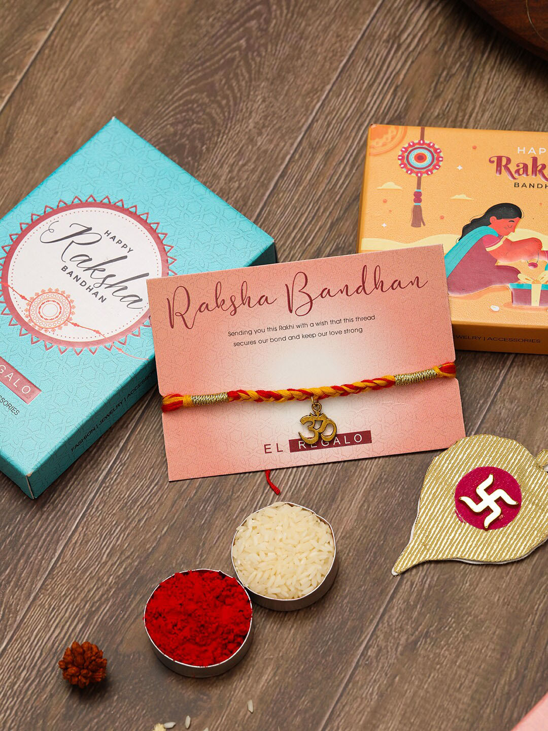 

EL REGALO OM Design Thread Rakhi With Roli Chawl & Card Gift Set Box, Gold
