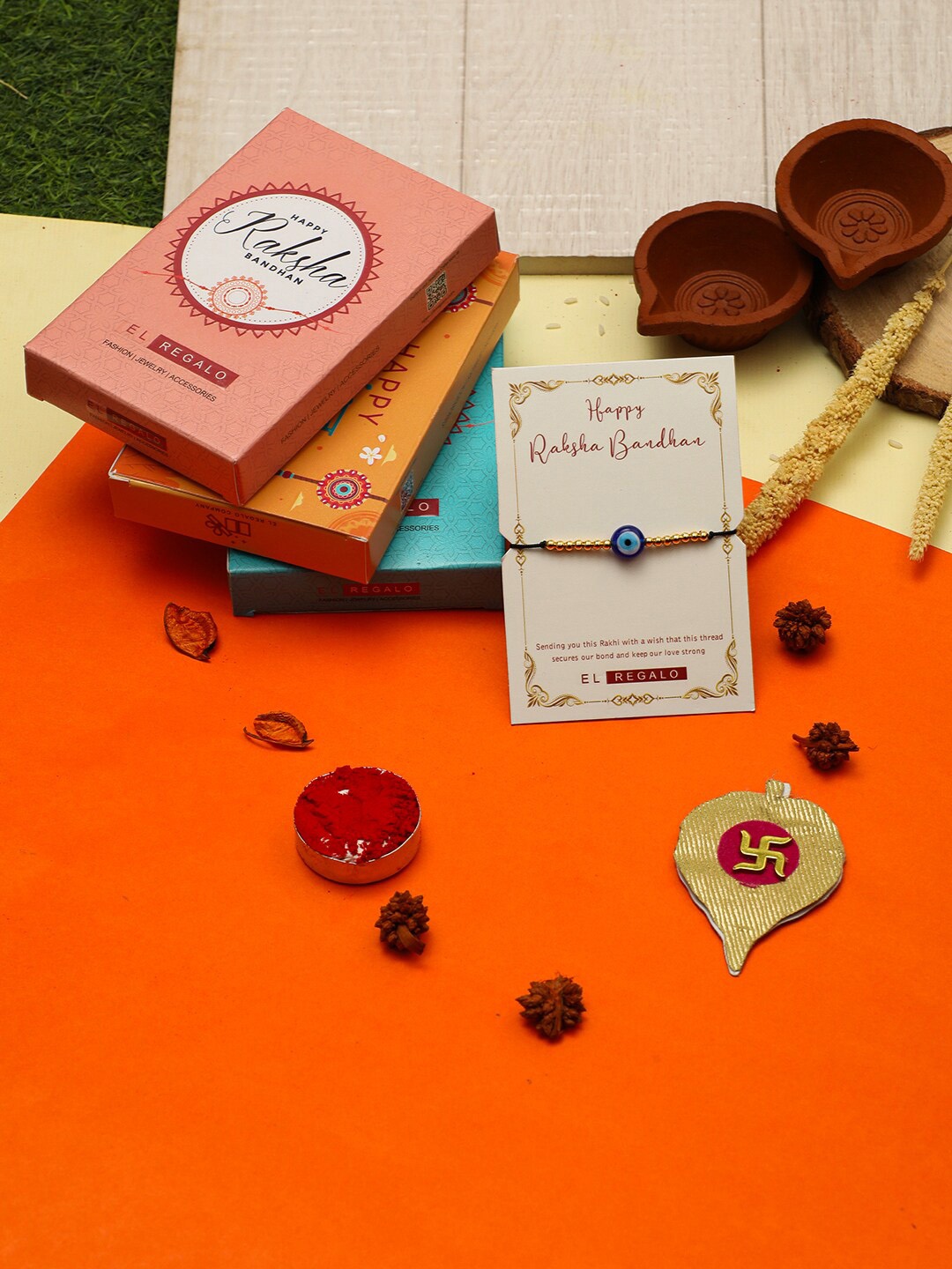 

EL REGALO Men Evil Eye & Beaded Rakhi With Roli Chawal & Greeting Card, Red