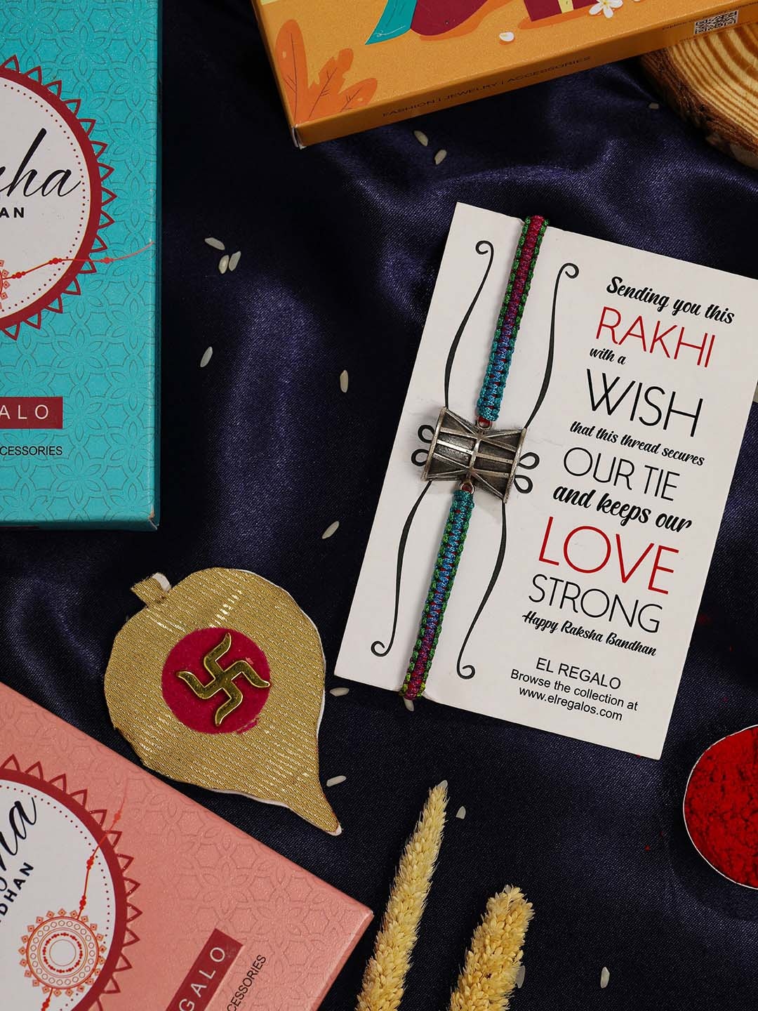 

EL REGALO Oxidised Damru Design Rakhi With Roli Chawl & Card Gift Set Box, Silver
