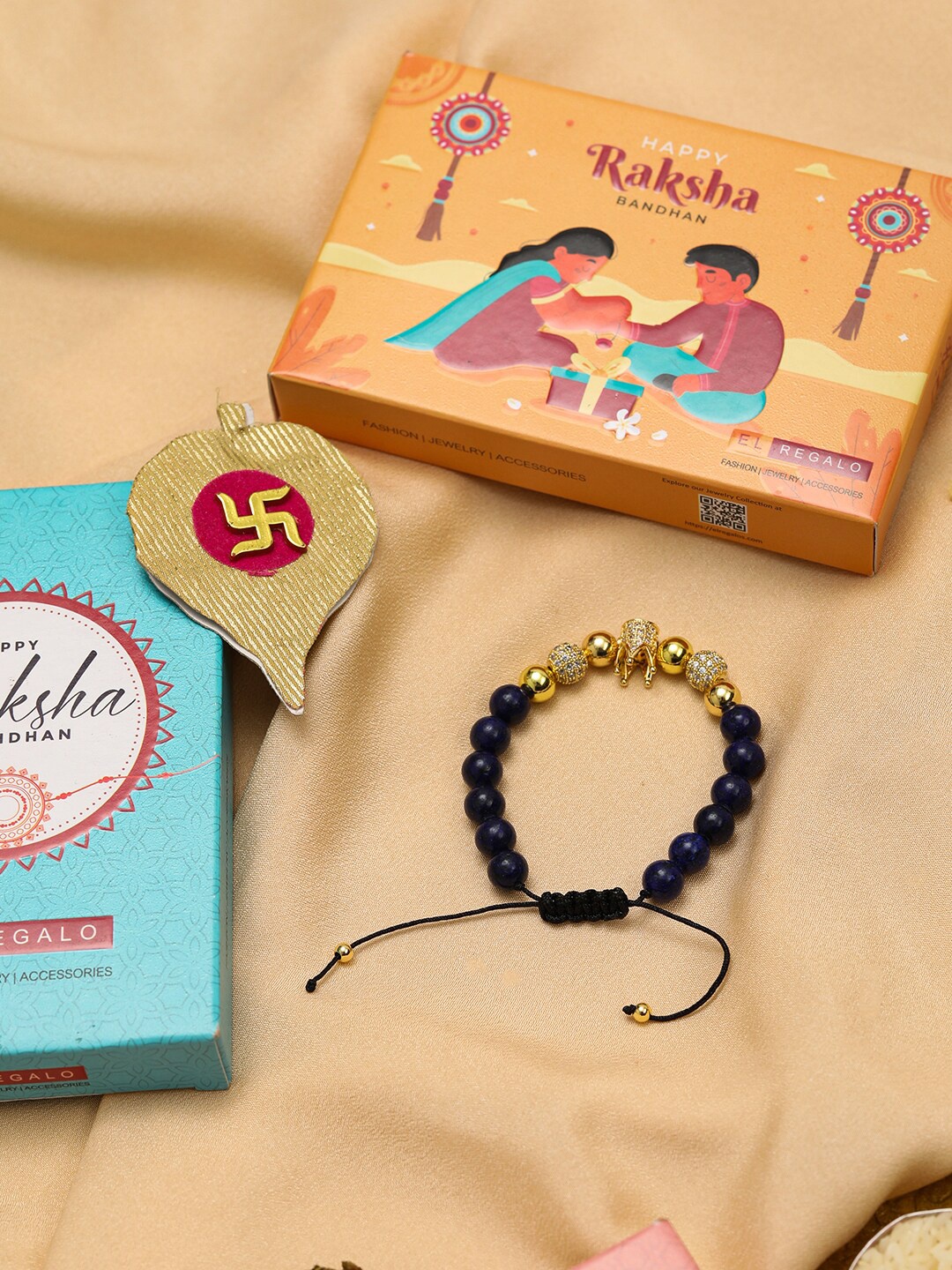

EL REGALO Men Stone Studded & Beaded Rakhi With Roli Chawal & Greeting Card, Gold