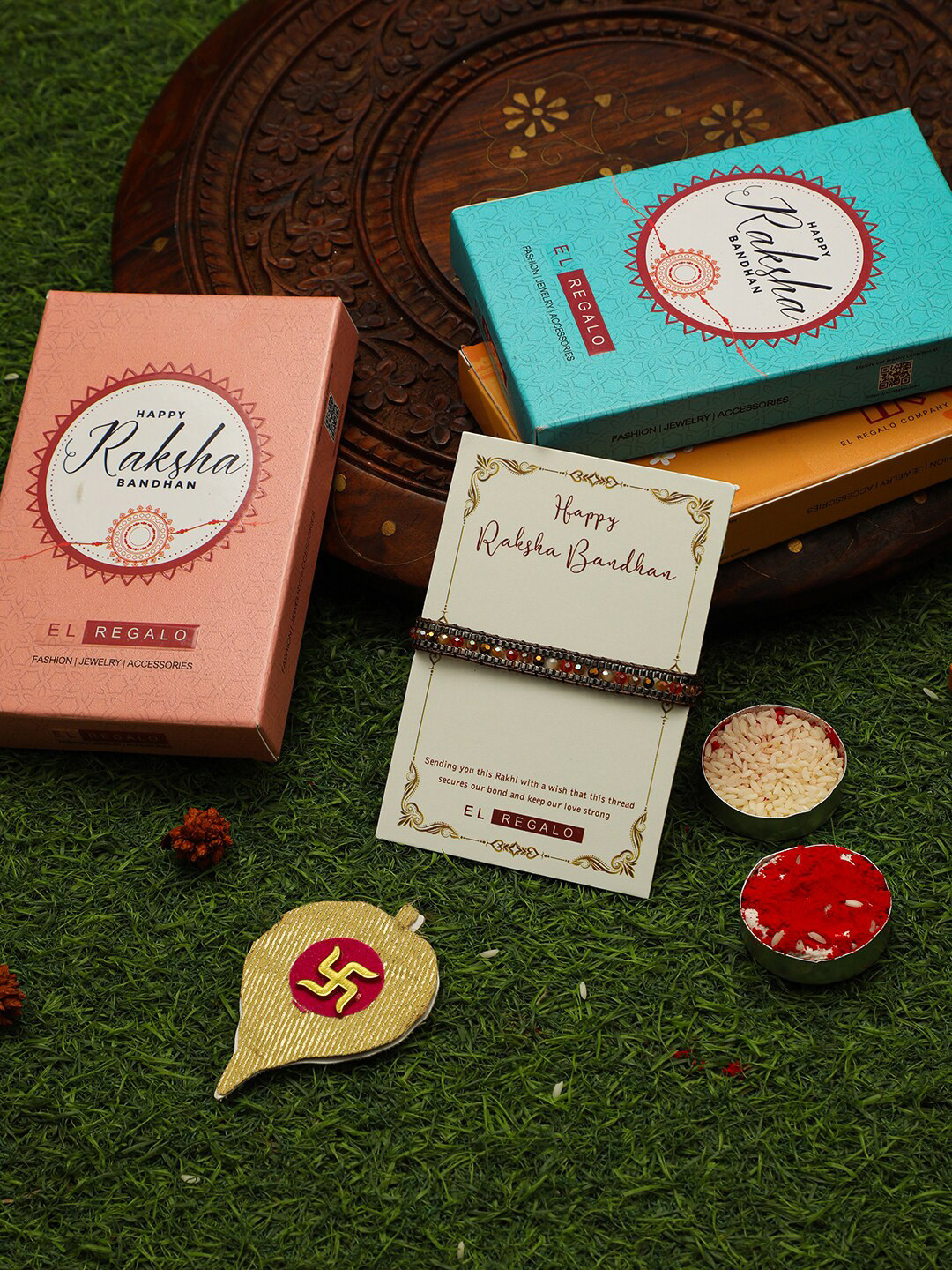 

EL REGALO Beaded Design Thread Rakhi With Roli Chawl & Card Gift Set Box, Brown