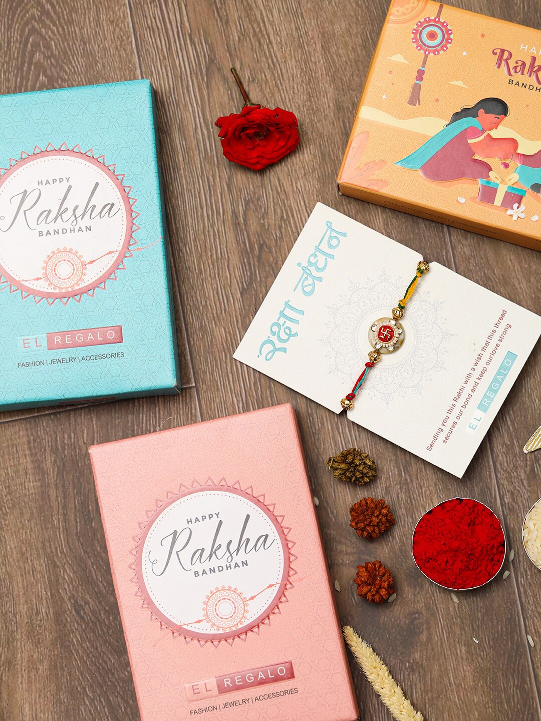 

EL REGALO Men Embellished Thread Rakhi With Roli Chawal & Greeting Card, Red