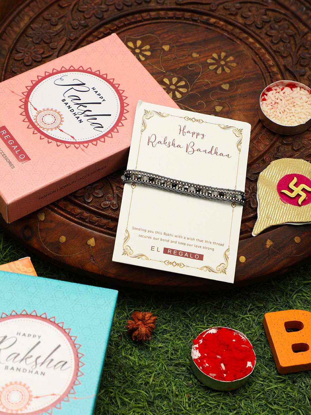 

EL REGALO Men Stone Studded & Beaded Rakhi With Roli Chawal & Greeting Card Gift Set, Navy blue