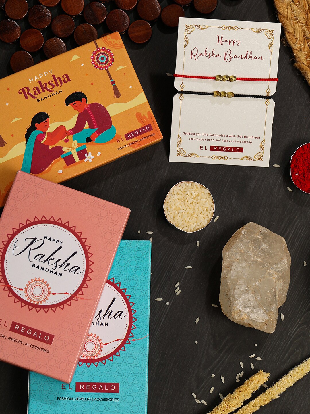 

EL REGALO Bhaiya Bhabhi Set Of 2 Thread Rakhi With Roli Chawal Card, Gold