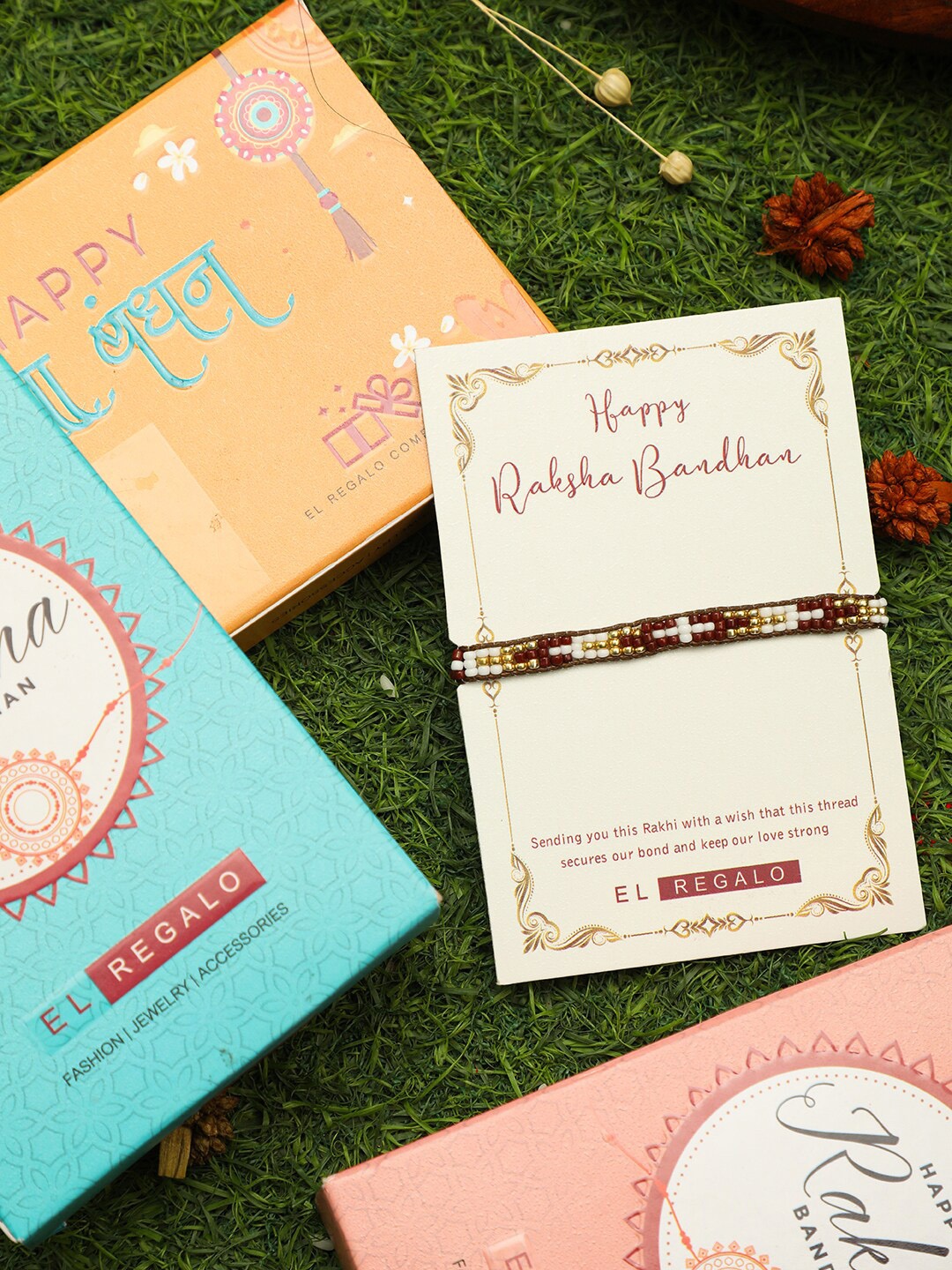 

EL REGALO Men Beaded Rakhi Set With Roli Chawal & Greeting Card, Maroon