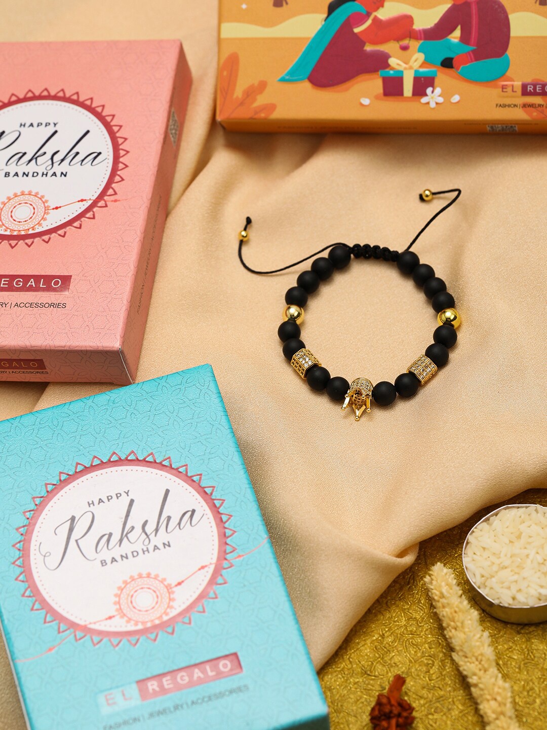 

EL REGALO Men Beaded Rakhi With Roli Chawal & Greeting Card, Gold