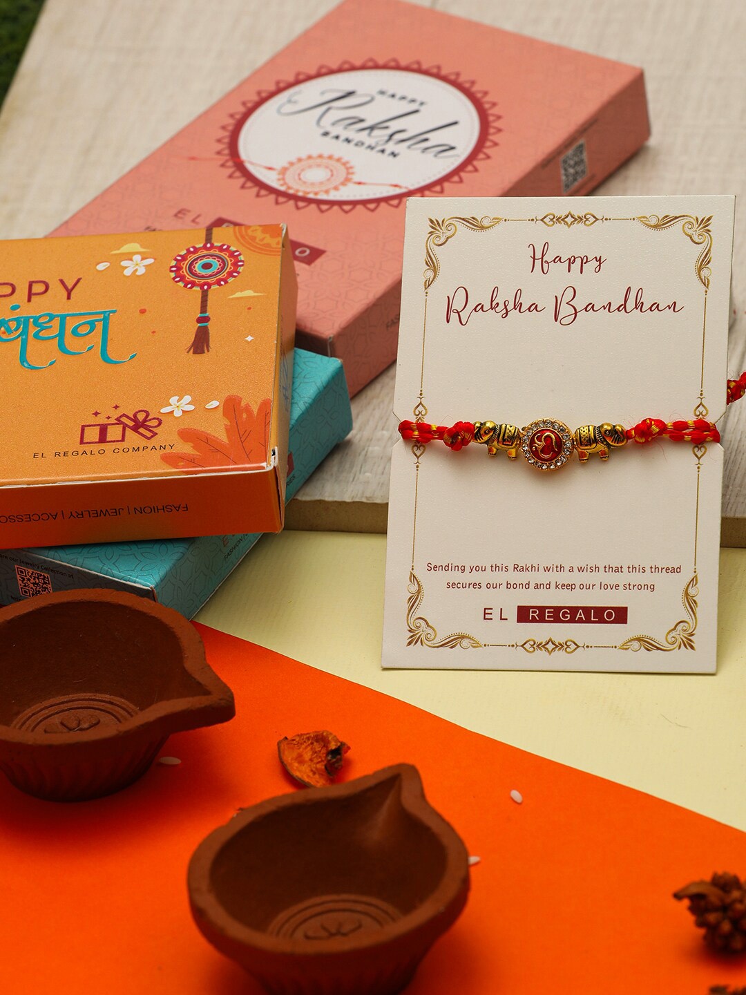 

EL REGALO Men Stone Studded Thread Rakhi With Roli Chawal & Greeting Card, Gold