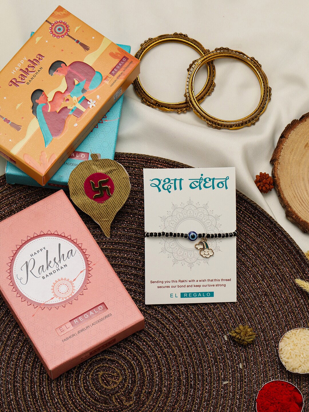 

EL REGALO Kids Evil Eye & Rainbow Charm Rakhi With Roli Chawl & Card Gift Set Box, Black
