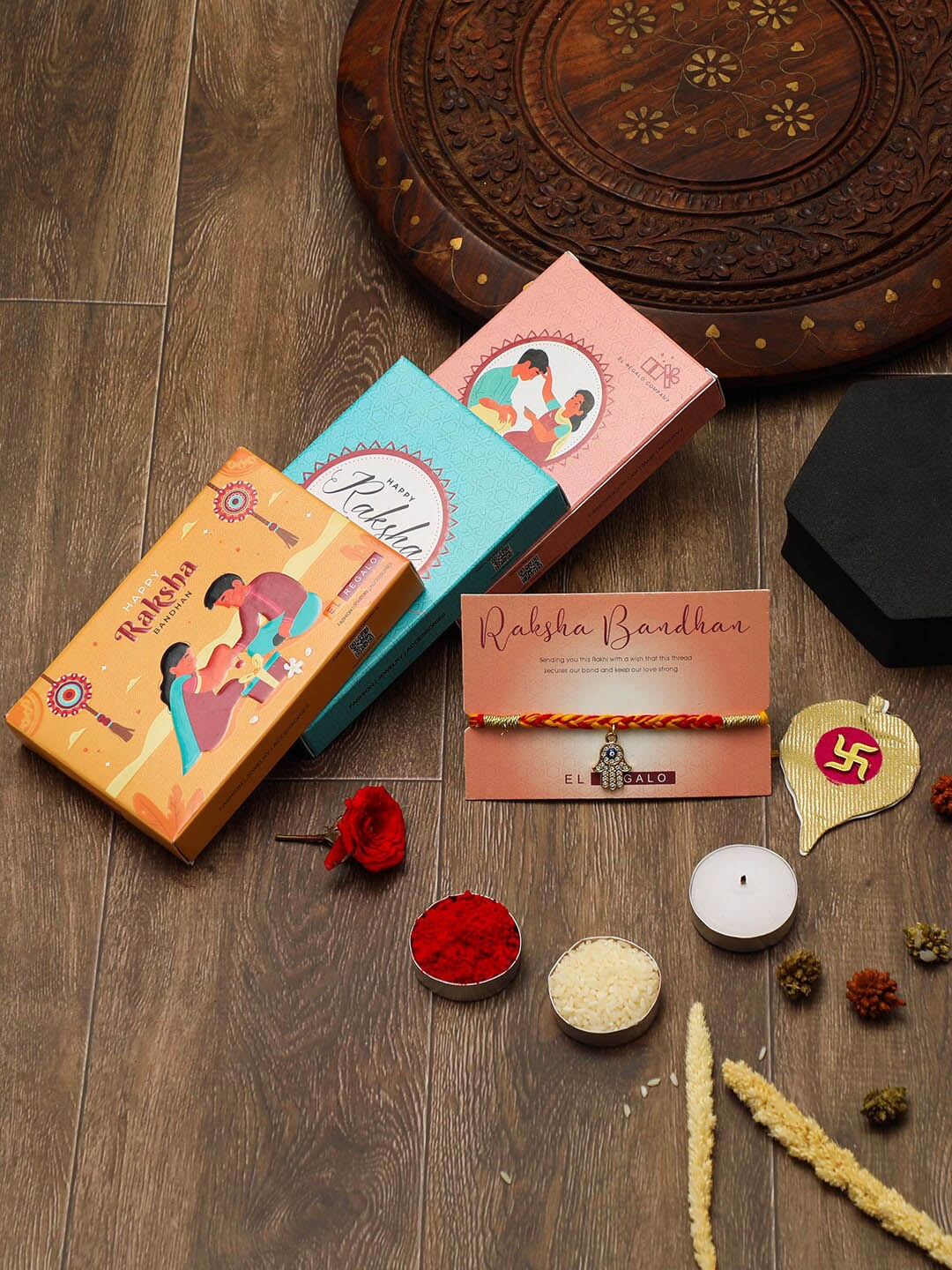 

EL REGALO Hamsa Hand Evil Eye Thread Rakhi With Roli Chawl & Card Gift Set, Red