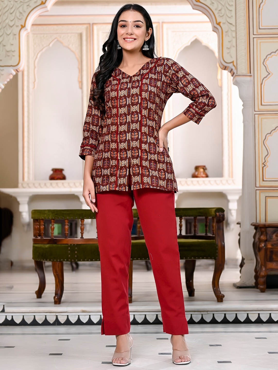 

MissKurti Printed Pure Cotton Top With Trousers, Maroon