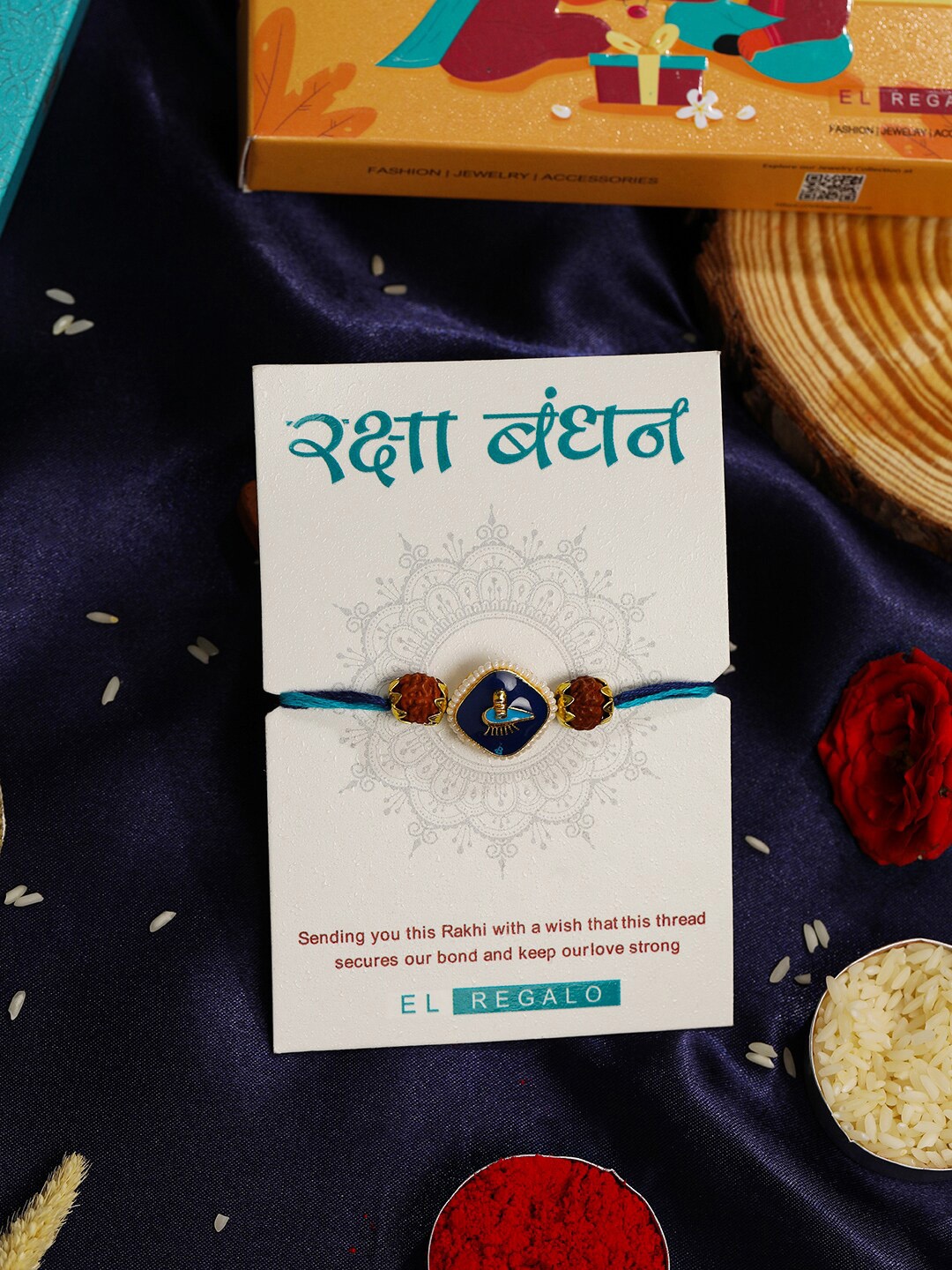 

EL REGALO Men Shivling Design Thread Rakhi With Roli Chawal & Greeting Card, Blue