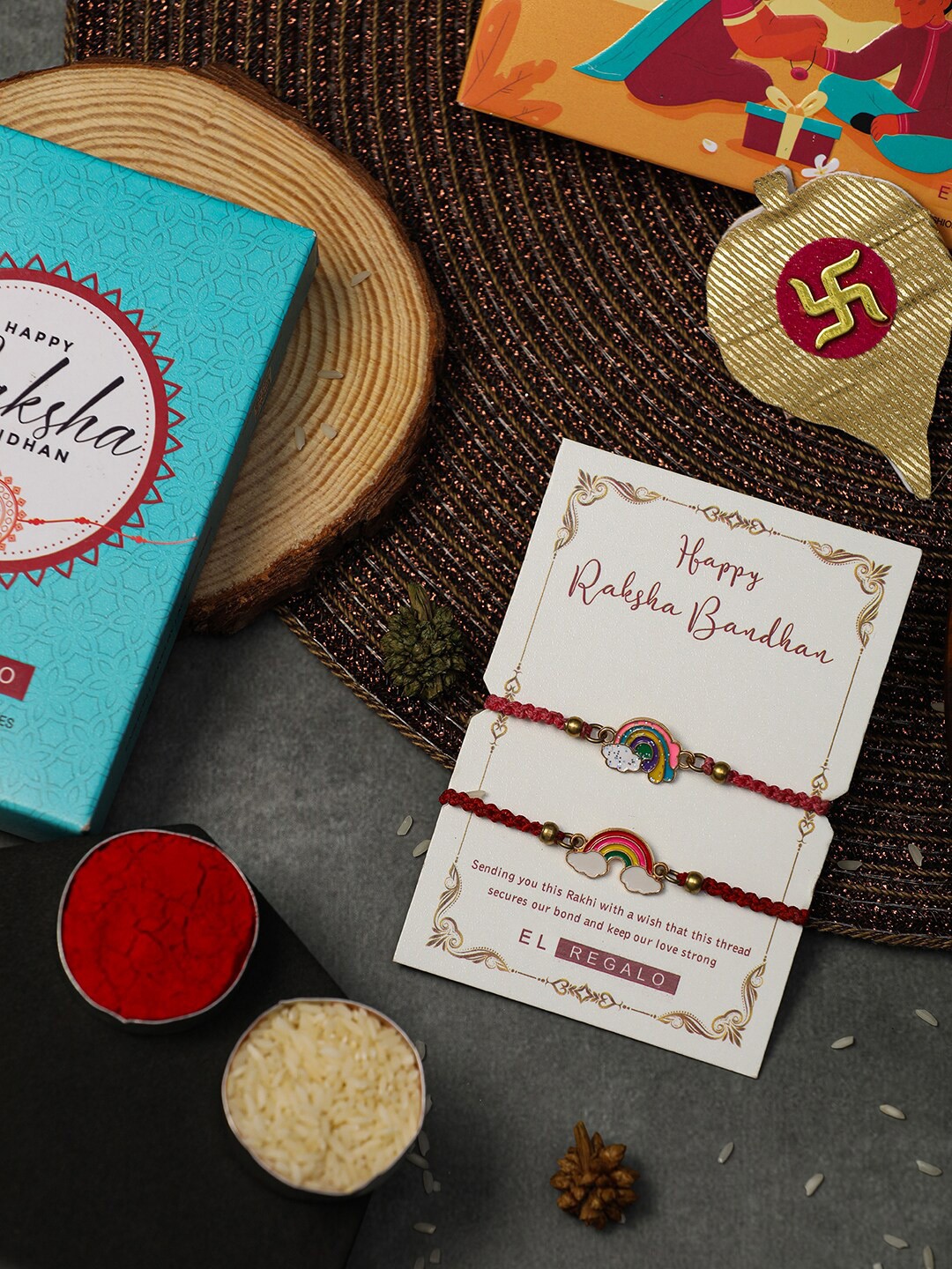 

EL REGALO Boys Set Of 2 Rainbow Thread Rakhi With Roli Chawal & Greeting Card, Red