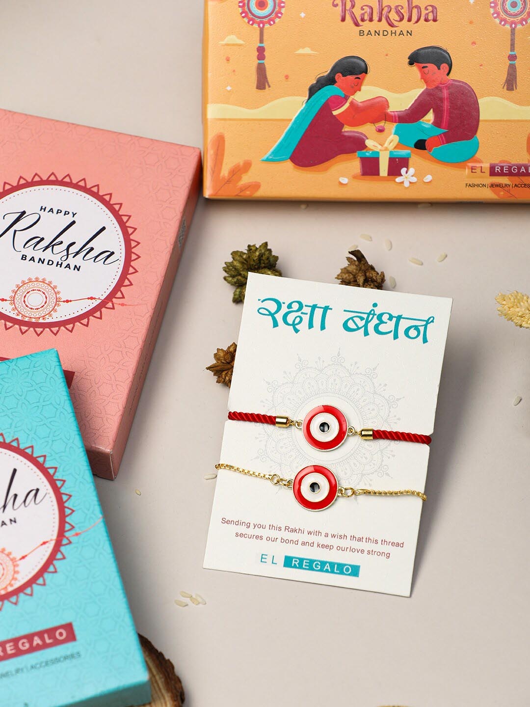 

EL REGALO Set of 2 Red Evil Eye Thread Rakhi For Bhaiya & Bhabhi