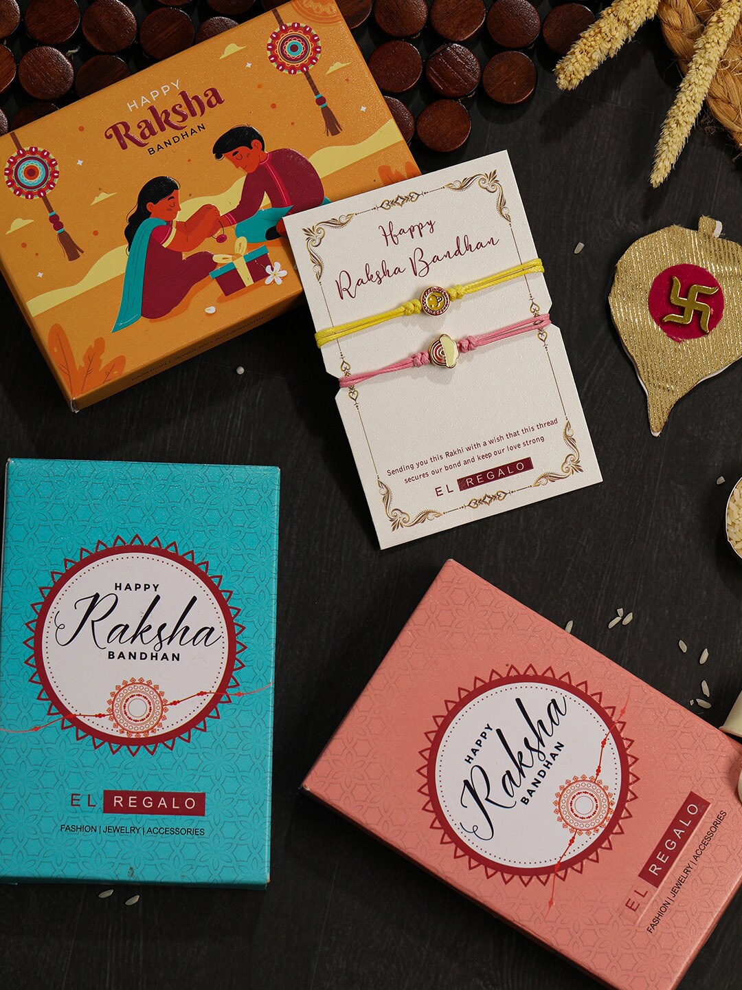 

EL REGALO Pack Of 2 Abstract Design Thread Rakhi With Greeting Card Gift Set, Yellow