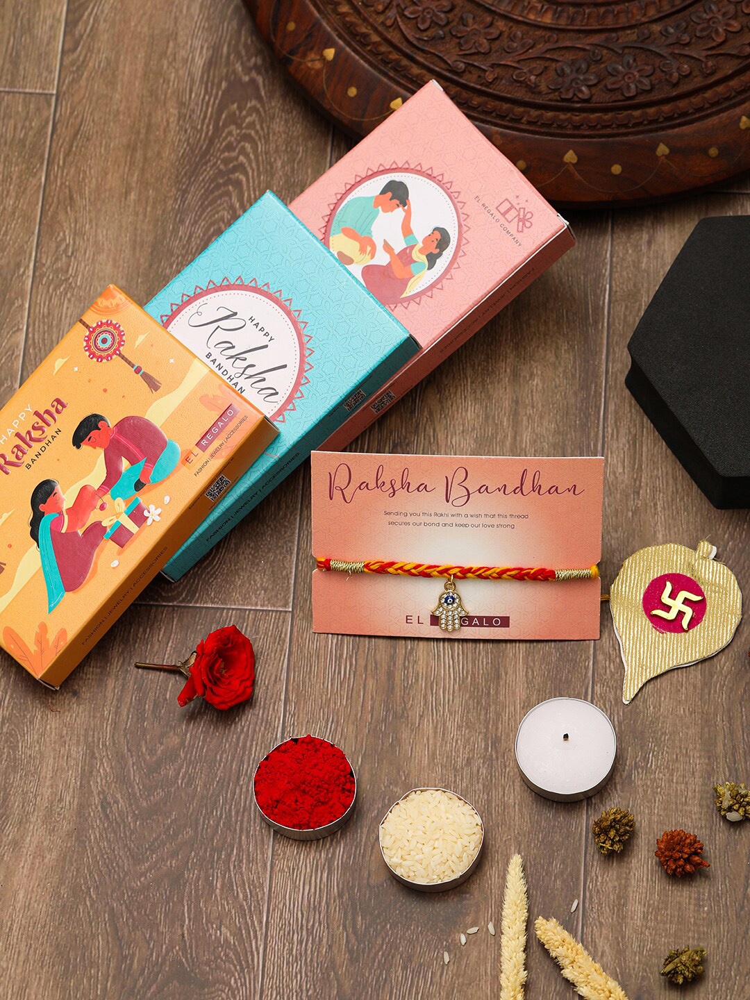 

EL REGALO Men Evil Eye Thread Rakhi Comes With Roli Chawal & Greeting Card, Gold