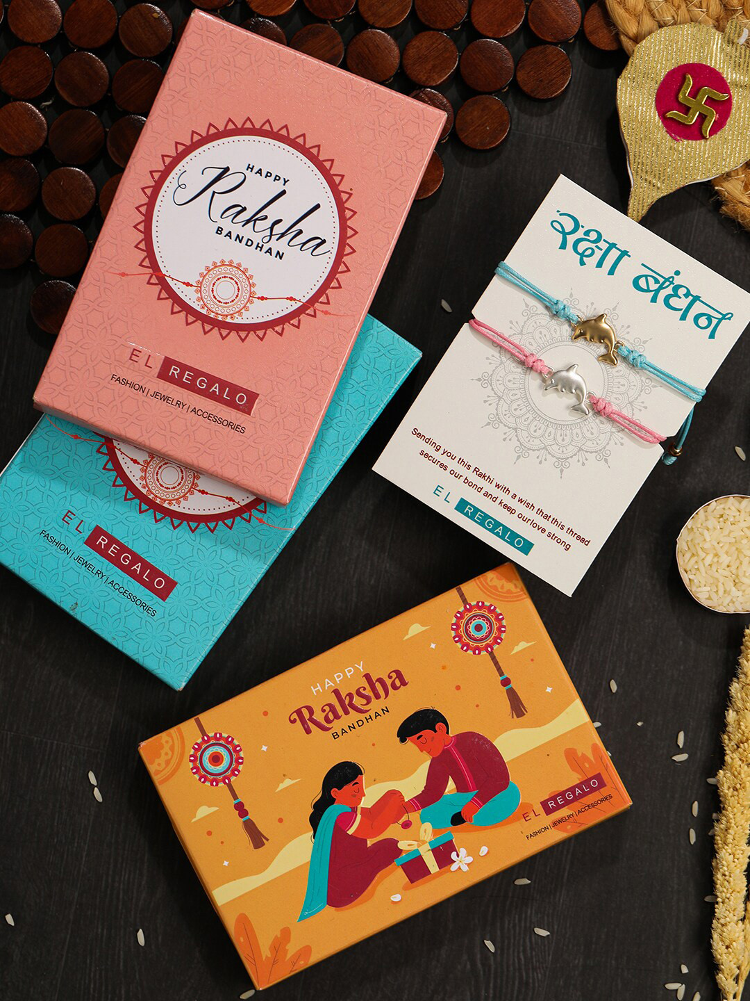 

EL REGALO Boys Set Of 2 Rakhis With Roli Chawal & Greeting Card, Gold