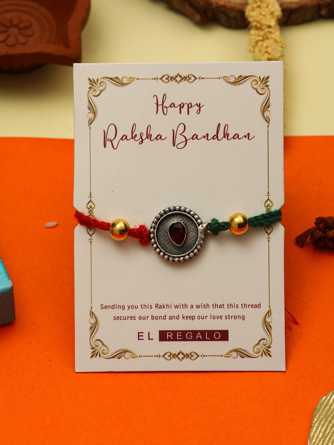 

EL REGALO Men Stone Studded & Beaded Thread Rakhi Comes With Roli Chawal & Greeting Card, Silver