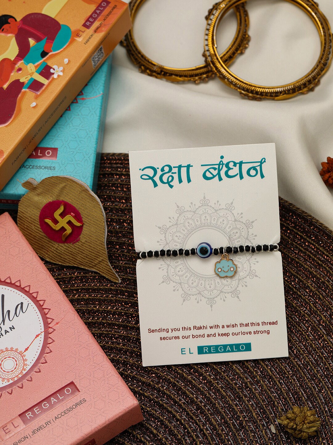 

EL REGALO Kids Beaded Rakhi With Roli Rice & Greeting Card, Blue