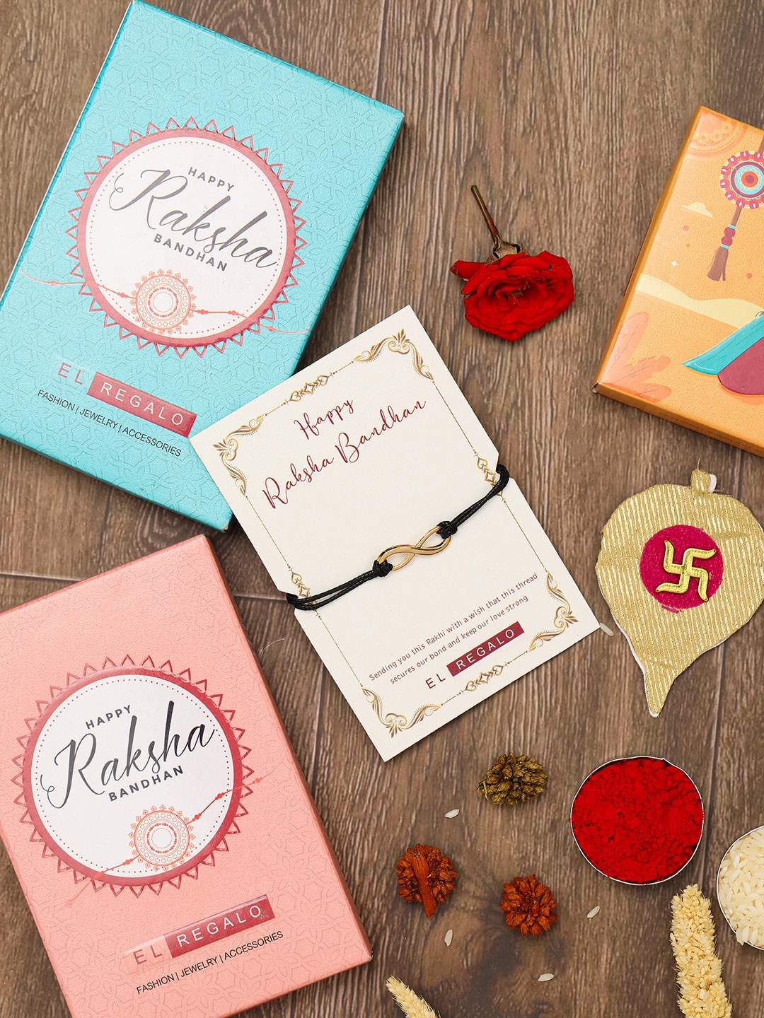 

EL REGALO Men Beaded Rakhi Comes With Roli Chawal & Greeting Card, Gold