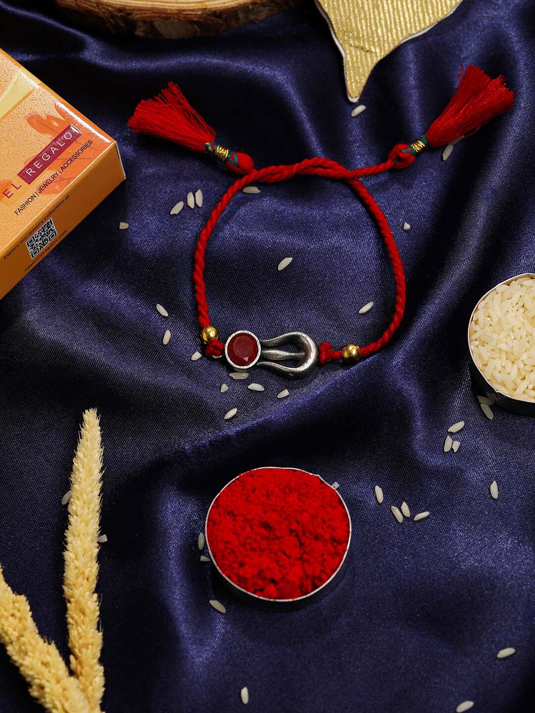 

EL REGALO Men Stone Studded Thread Rakhi Comes With Roli Chawal & Greeting Card, Silver