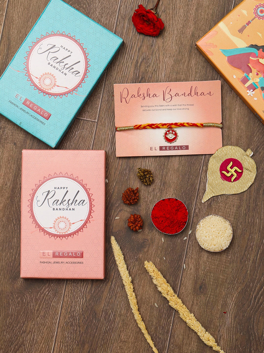 

EL REGALO Men Stone Studded Thread Rakhi Comes With Roli Chawal & Greeting Card, Red