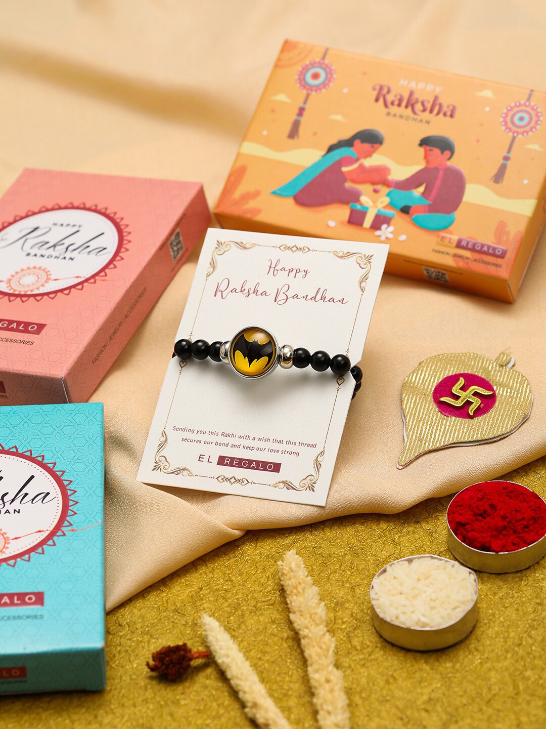 

EL REGALO Men Beaded & Bat Charm Rakhi With Roli Chawal & Greeting Card, Black