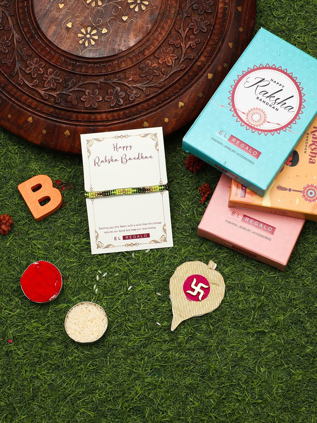 

EL REGALO Men Beaded Rakhi Comes With Roli Chawal & Greeting Card, Gold
