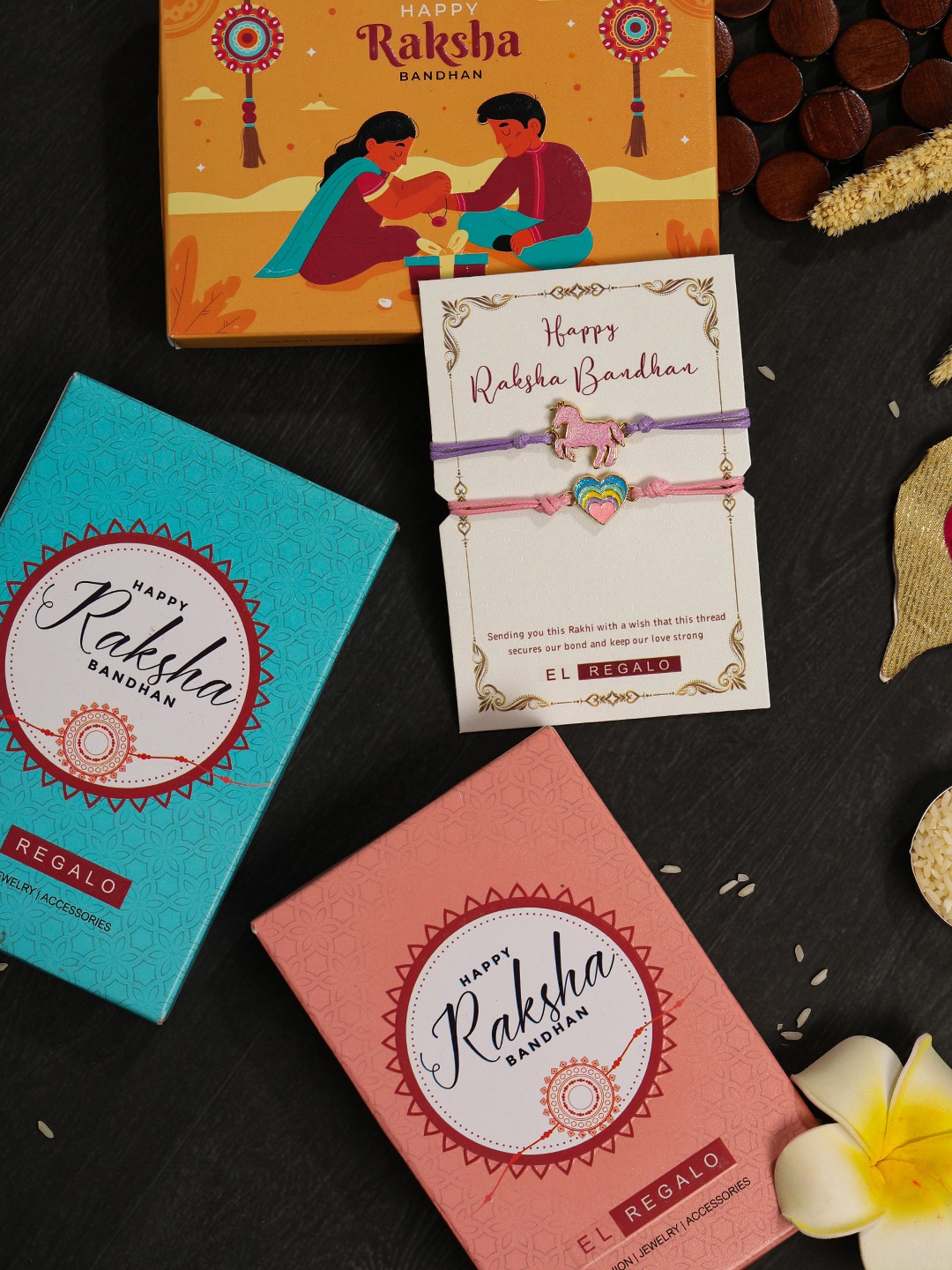 

EL REGALO Boys Set Of 2 Heart & Unicorn Rakhis With Roli Chawal & Greeting Card, Purple